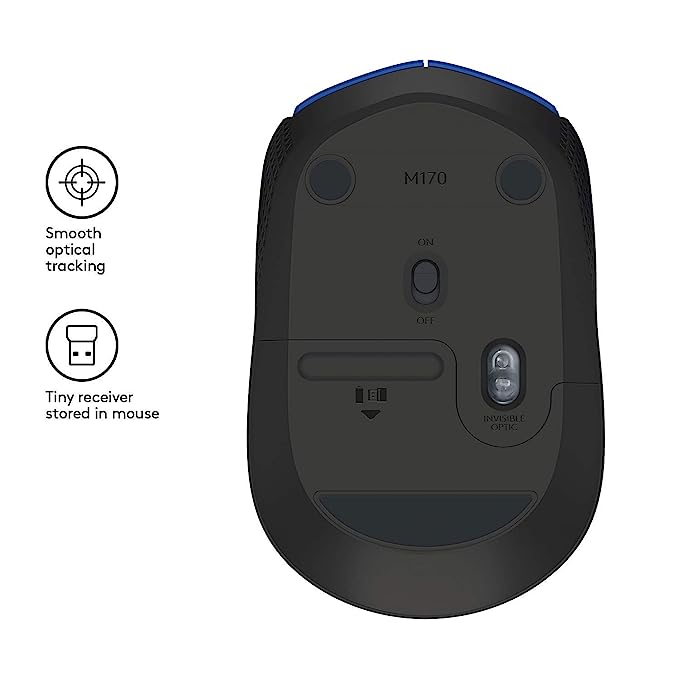 Logitech M171 Wireless Mouse, 2.4 GHz with USB Nano Receiver, Optical Tracking, 12-Months Battery Life, Ambidextrous, PC/Mac/Laptop - Blue (910-004656)