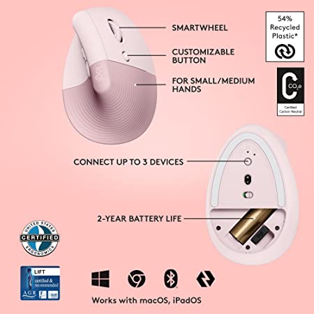 Products Logitech Lift Vertical Ergonomic Mouse, Wireless - Rose