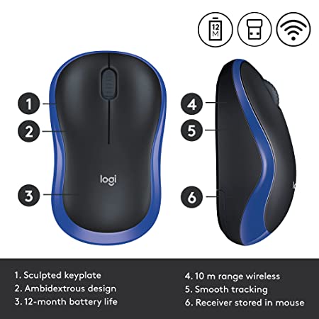 Logitech M185 Wireless Mouse, 2.4GHz with USB Mini Receiver, 12-Month Battery Life, 1000 DPI Optical Tracking, Ambidextrous, Compatible with PC, Mac, Laptop - Blue
