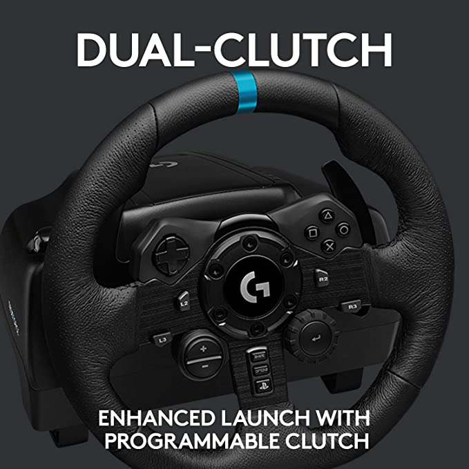 Logitech G923 Racing Wheel and Pedals, TRUEFORCE 1000 Hz Force Feedback, Responsive Driving Design, Dual Clutch Launch Control, Genuine Leather Wheel Cover for PS5, PS4, PC - Black