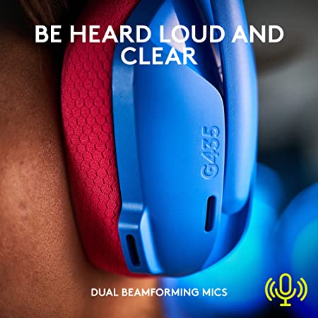 Logitech G435 Lightspeed and Bluetooth Wireless Over Ear Gaming Headphones - Lightweight, with mics, 18h Battery, Compatible with Dolby Atmos, PC, PS4, PS5, Mobile - Blue